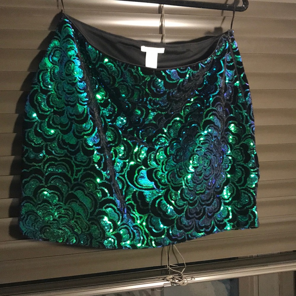 H & M velvet mini skirt with green + purple sequin